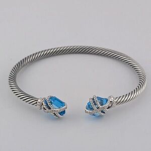 David Yurman 4mm Sterling Silver Cuff Wrap Bracelet with Blue Topaz & Diamonds